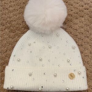 Lilly Pulitzer White Knit Hat with Pom and Pearls